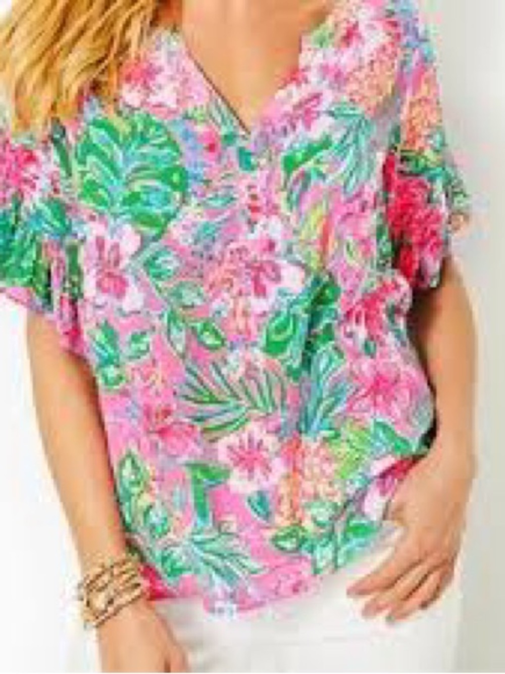 Lilly Pulitzer Pink Floral V-Neck Blouse with Green Leaf Print